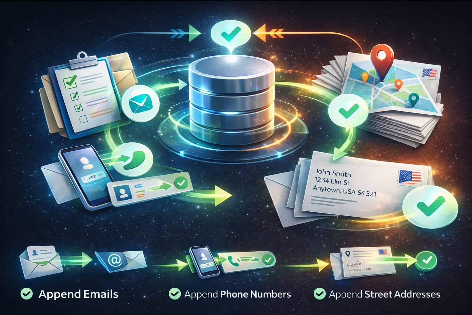 DMS data append process showing verified emails, phone numbers, and street addresses added to dealer records