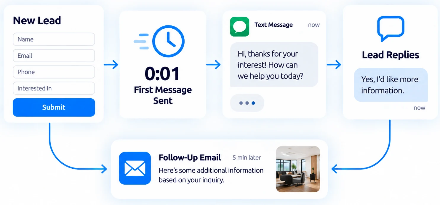 New lead receives a first message in seconds, replies and gets a follow-up email